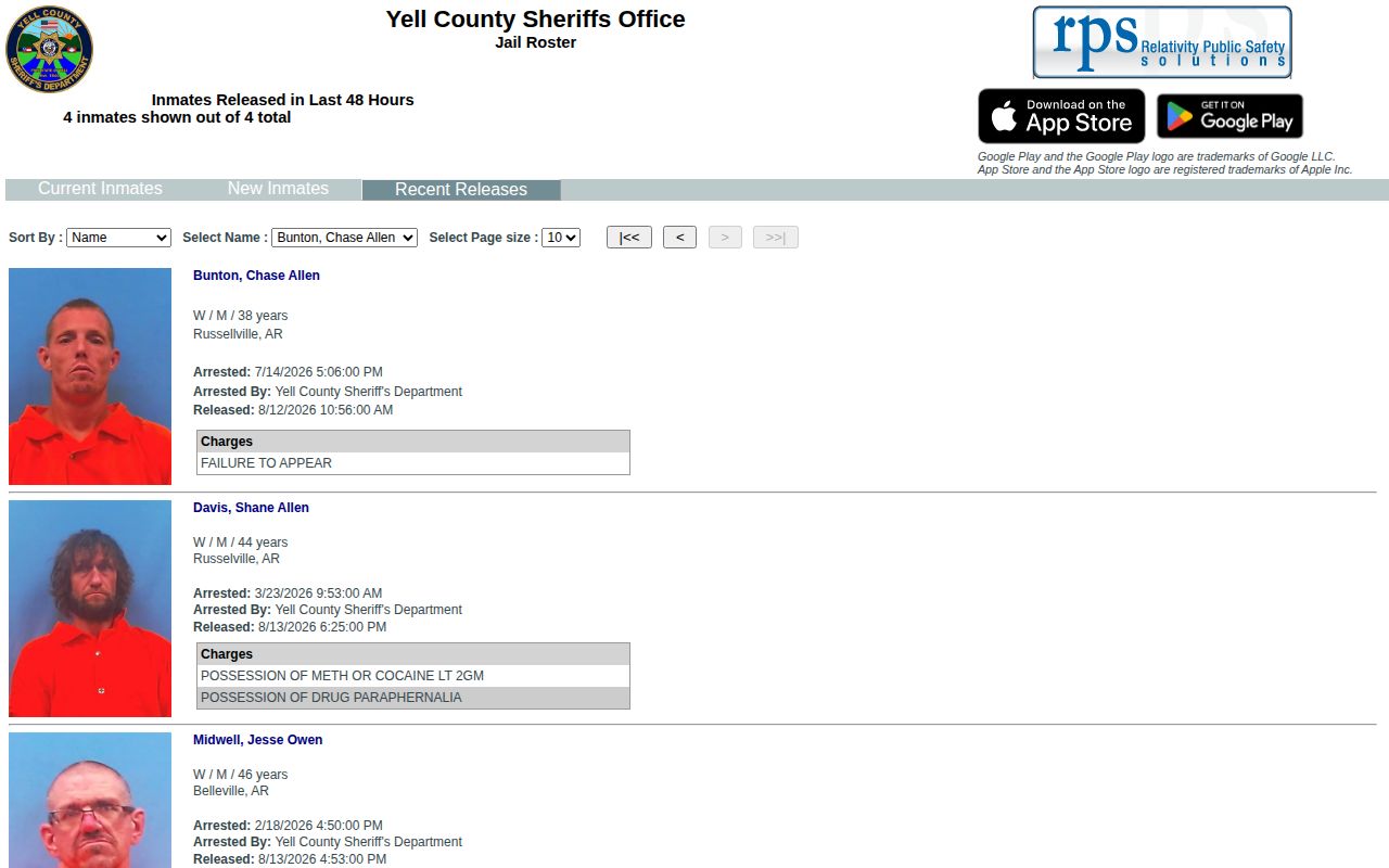 Yell County 48-hour recent release booking record feed