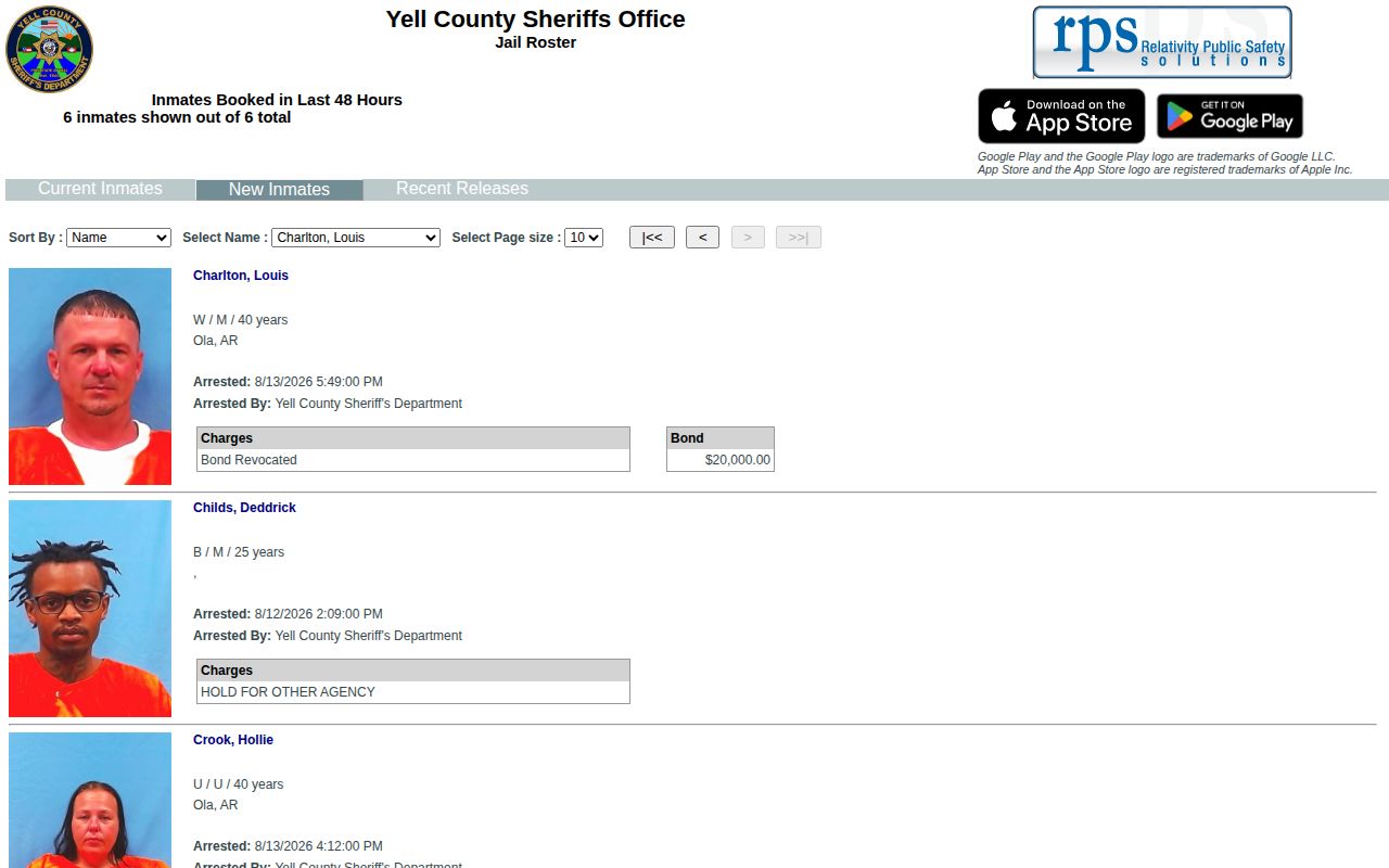 Yell County 48-hour new booking feed interface