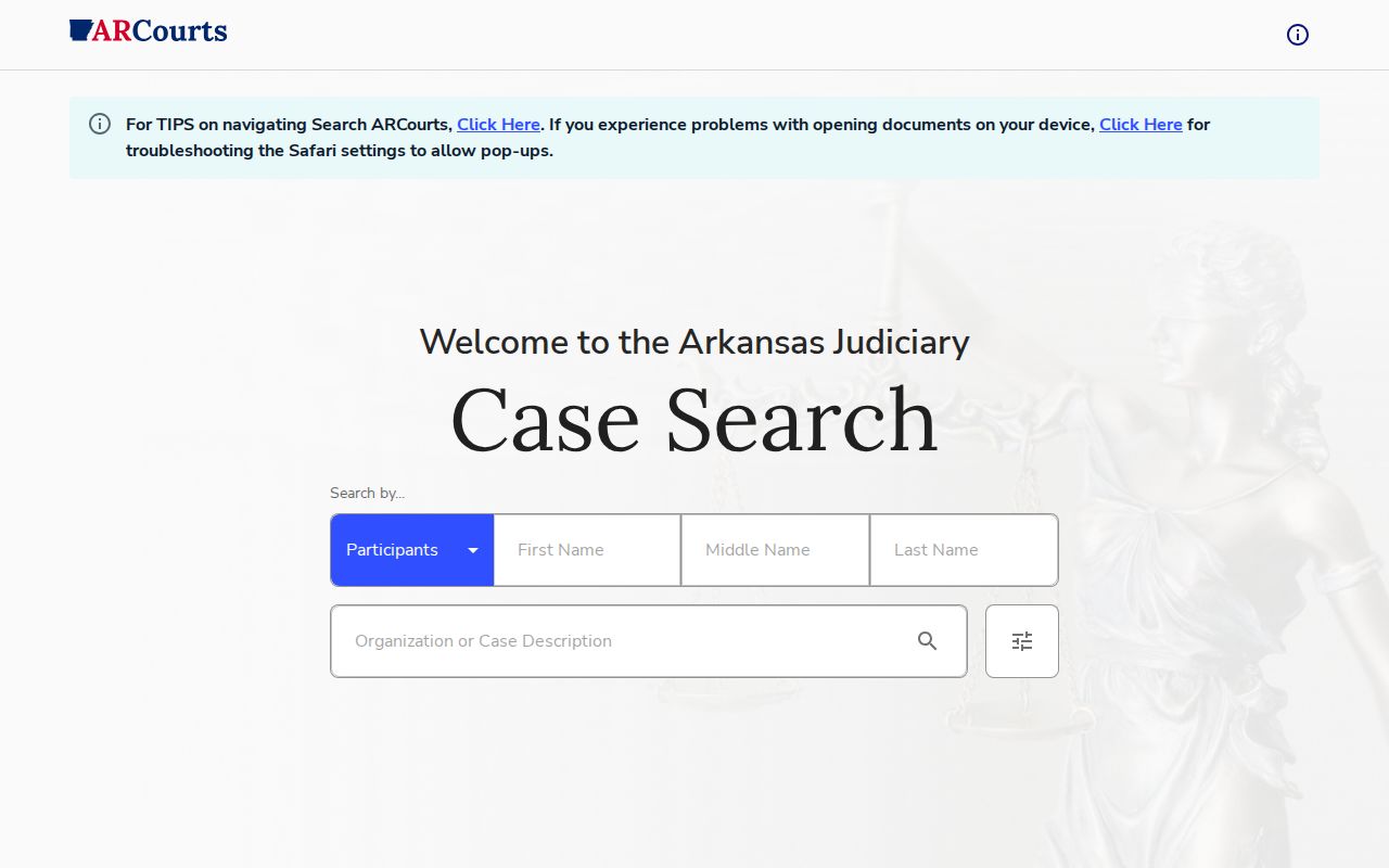 Search ARCourts interface for Yell County arrest case dispositions