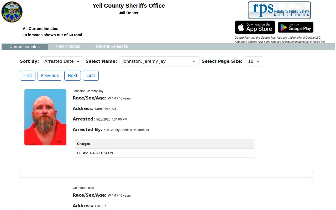 Yell County current inmate roster and booking photo search interface