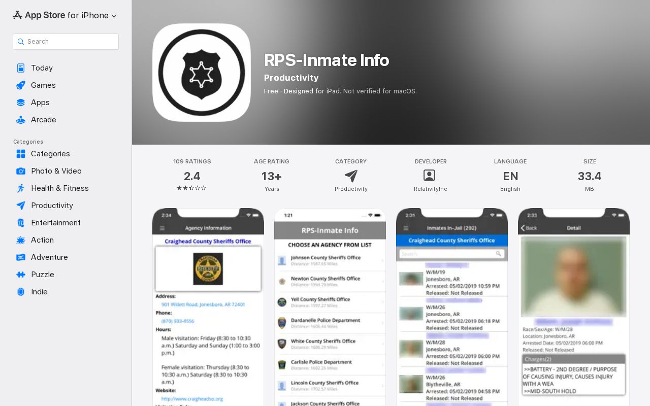 Yell County RPS Inmate Info mobile roster app listing