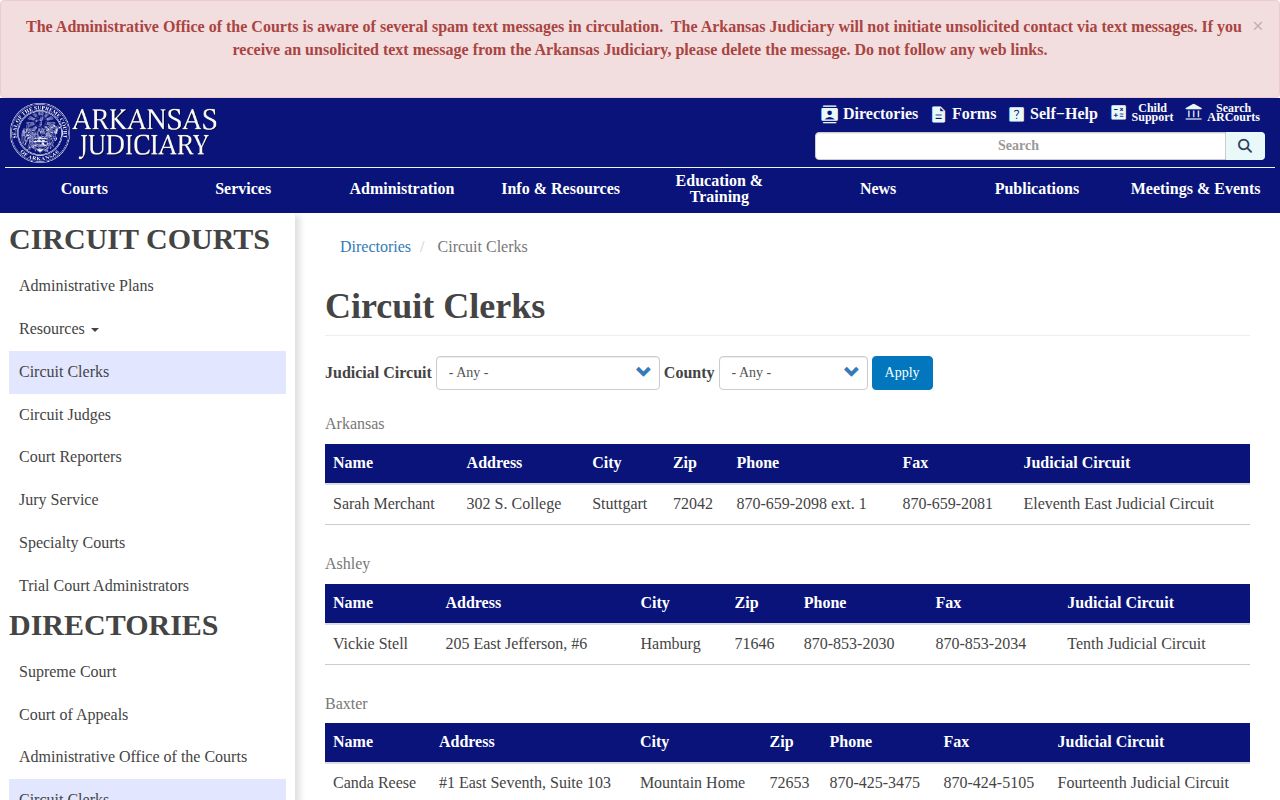 Arkansas Judiciary circuit clerk directory used for Yell County warrant follow-up